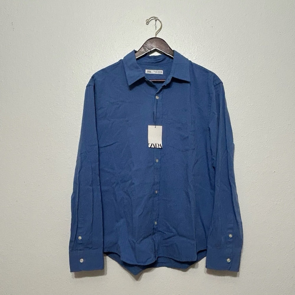 NWT Zara Blue Long Sleeve Collared Button‎ Up Dress Shirt Men's Size L